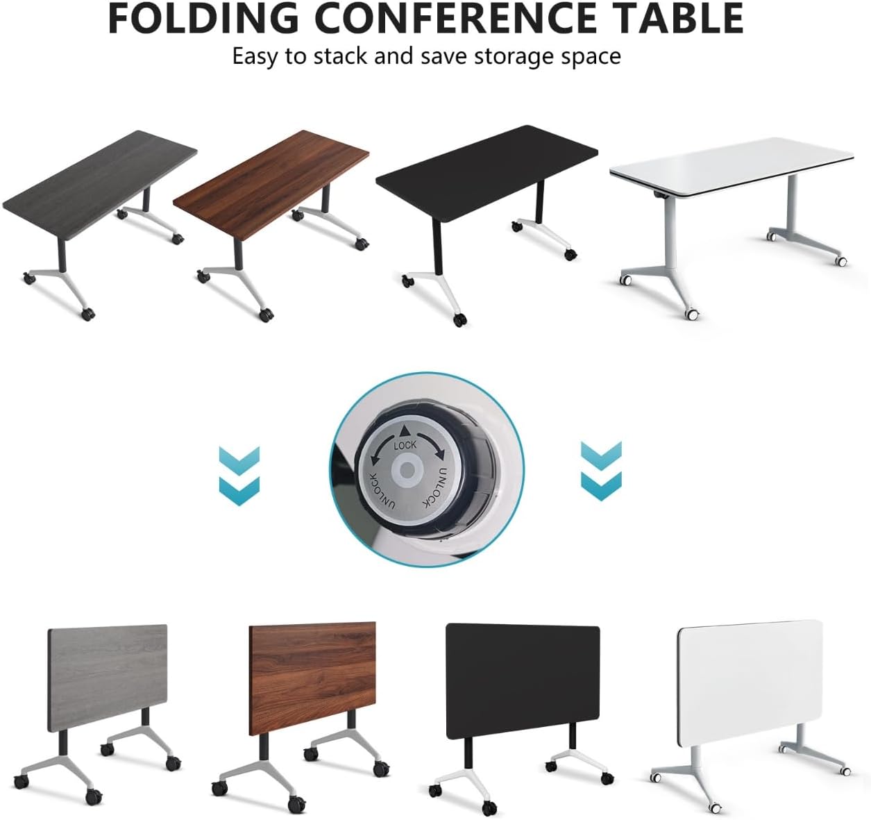 Conference Room Table, Folding Conference Tables,Thicken Grey Tabletop,Flip Top Wooden Seminar Meeting Room Table for Conference Room Offices (6, Black+White, 55.1”)