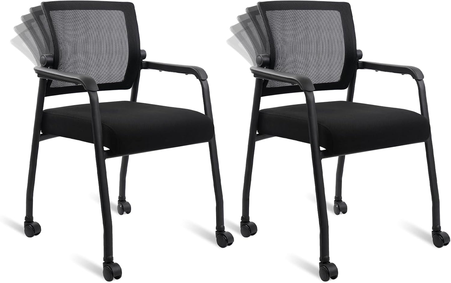 Waiting Room Chairs with Wheels, Adjustable Mesh Backrest, Desk Chair with Ergonomic Lumbar Support and Thickened Seats Cushion, 2 Pack Black