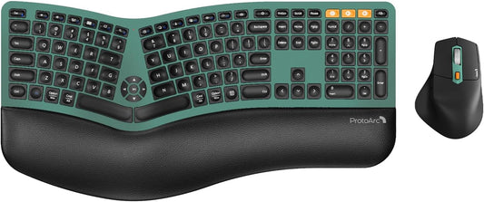 ProtoArc Ergonomic Wireless Keyboard Mouse, EKM01 Plus Full Size Ergo Bluetooth Keyboard Mouse Combo, Split Design, Wrist Rest, Multi-Device, Rechargeable, for Windows/Mac OS - Green