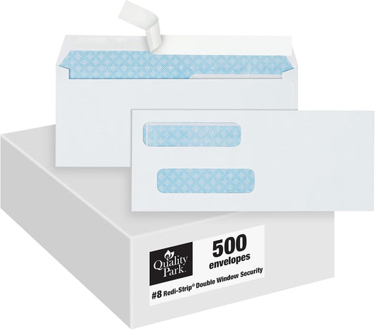 Quality Park #8 Double Window Envelopes, Self Seal Security Envelopes for QuickBooks Checks, 3 5/8" x 8 11/16", 24 lb White, 500 per Box (QUA50766)