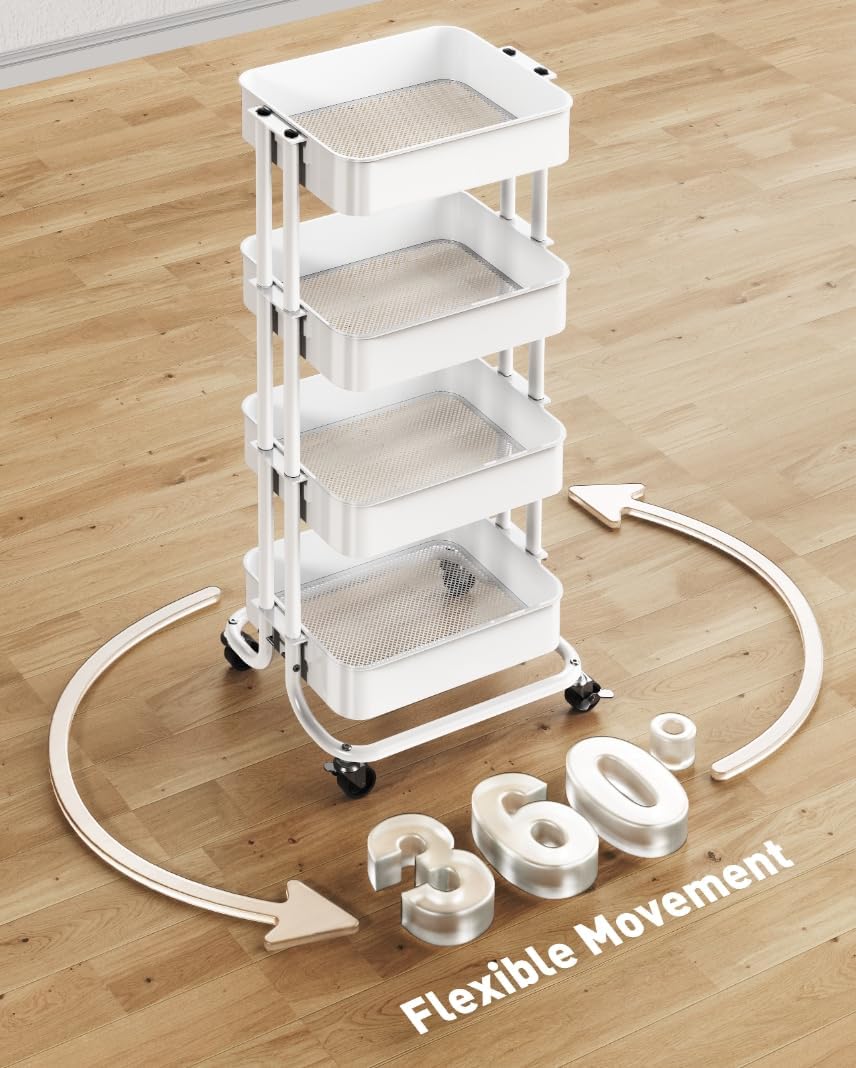 Pipishell 4 Tier Metal Rolling Utility Cart, Heavy-Duty Storage Rolling Cart with 2 Lockable Wheels, Multifunctional Mesh Organization Utility Cart for Kitchen Dining Room Living Room, PIUC13W