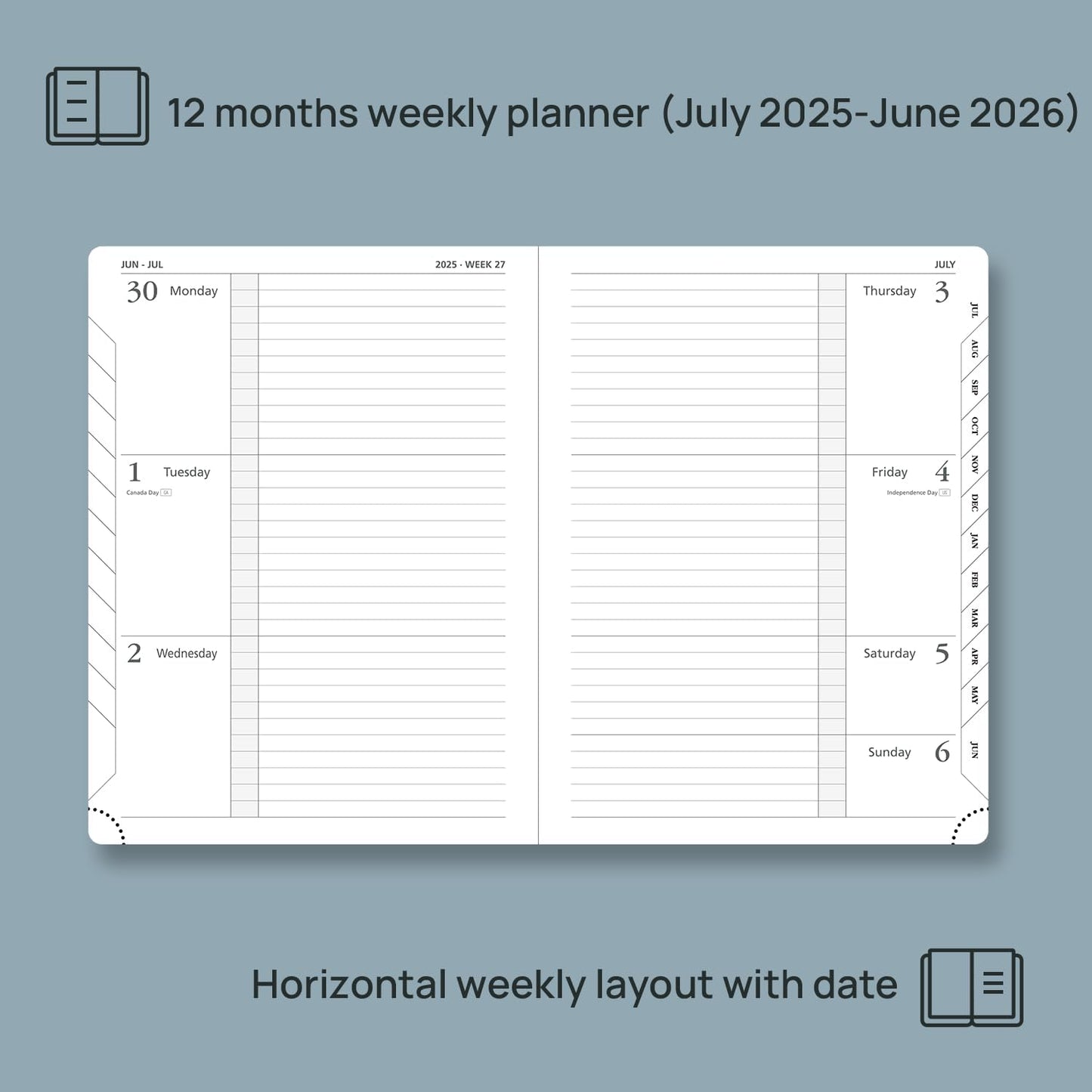 POPRUN Planner 2025-2026 (Medium 6.75''x 8.75''), Horizontal Weekly Notebook Jul.2025 - Jun.2026, Academic Appointment Book with Monthly Tabs, Leather Hardcover, Inner Pocket, 100 GSM - Soft Pink