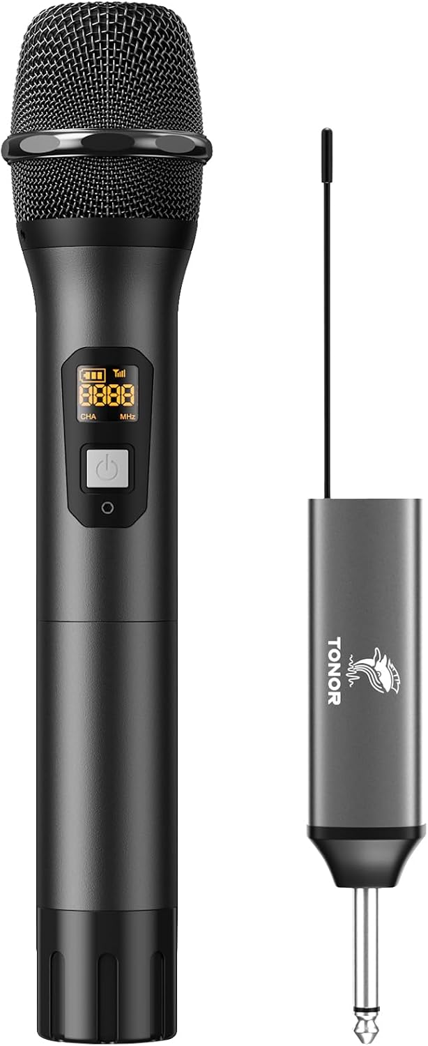 TONOR Wireless Microphone, UHF Metal Cordless Handheld Mic System with Rechargeable Receiver, for Karaoke, Singing, Party, Wedding, DJ, Speech, 200ft (TW620), Black