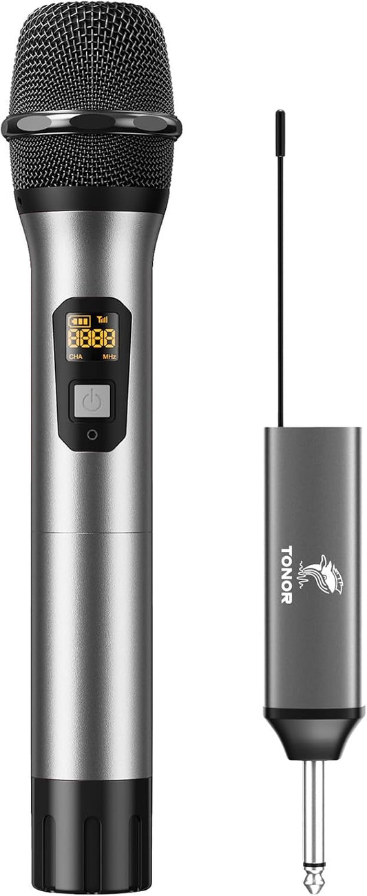 TONOR Wireless Microphone, UHF Metal Cordless Handheld Mic System with Rechargeable Receiver, for Karaoke, Singing, Party, Wedding, DJ, Speech, 200ft (TW620), Silver