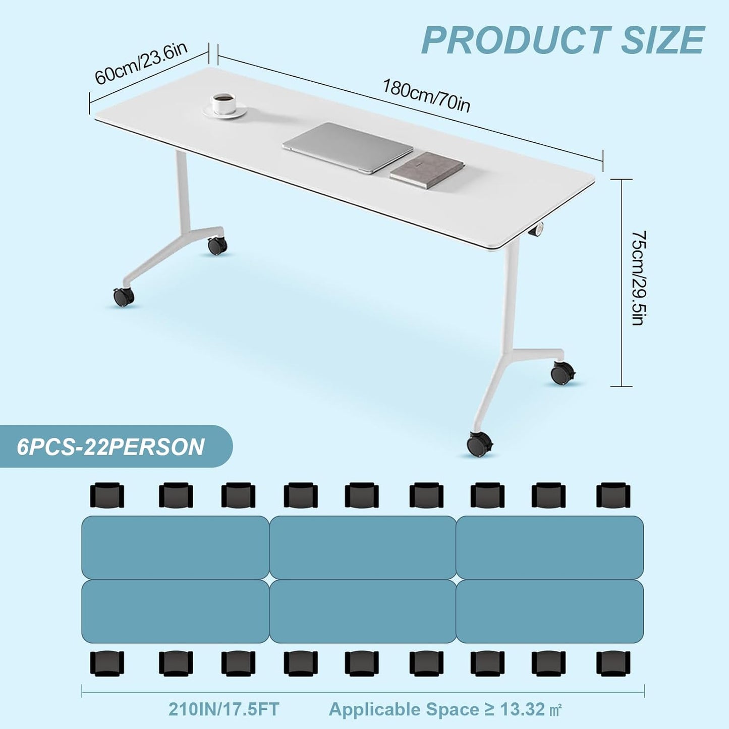 Conference Table, Folding Conference Desk Modern White, Seminar Table with Wheels, 2-10 People for Office, Meeting Break Room (4, 1915, 71IN)