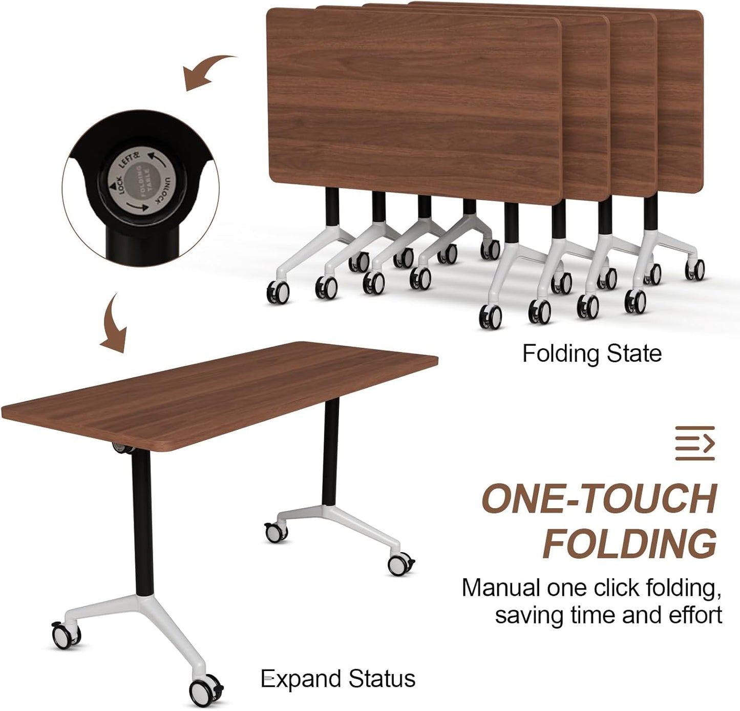 Folding Conference Table, Modern Large Conference Room Tables with Flip-Top Design, Foldable Conference Table Meeting Table with Wheels, Mobile Seminar Training Tables for Office Classroom (4, Brown)