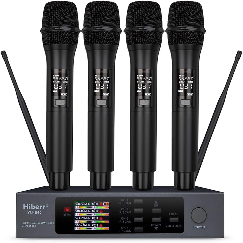 Wireless Microphone System, 4 Channels 4x50 Adjustable UHF Handheld Wireless Microphone Metal Shell for Church, Party, Singing, Speech YU-E40 Cordless Microphone