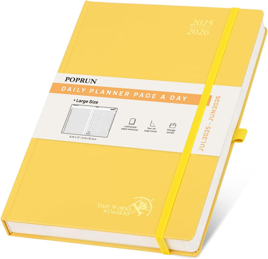 POPRUN 2025-2026 Daily Planner One Page Per Day (Large - 8.25'' x 12'') - Academic Calendar (July 2025 - June 2026), 2025 Day Appointment Book with Monthly Tabs, Hardcover - Light Yellow