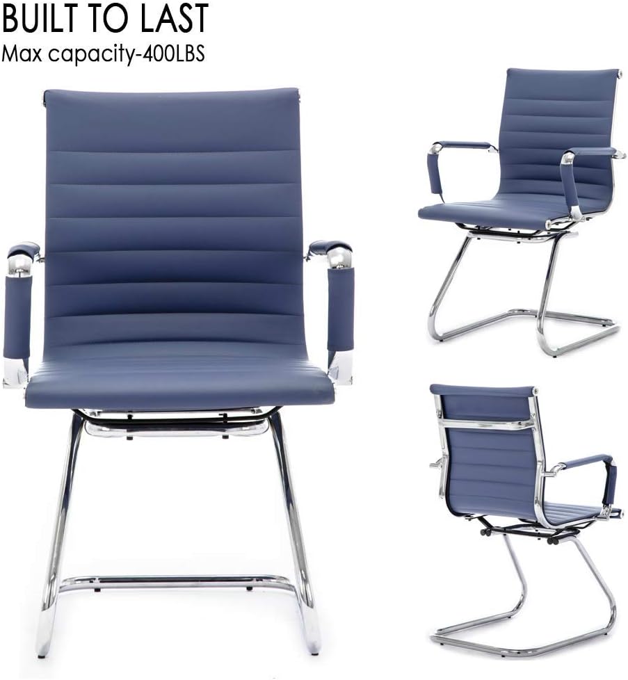 Office Desk Chair No Wheels Set of 6 PU Leather Computer Chairs Mid Back Guest Chairs for School Reception Conference Waiting Room, Navy Blue
