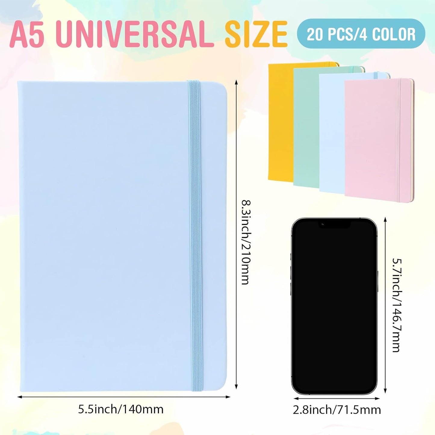 Honoson 20 Pack Lined Journal Notebooks A5 Hardcover Executive Notebook 5.5 x 8.3 PU Leather Wide Ruled Journals Bulk with Elastic Band for Home Business Office School Supplies(4 Pastel Colors)