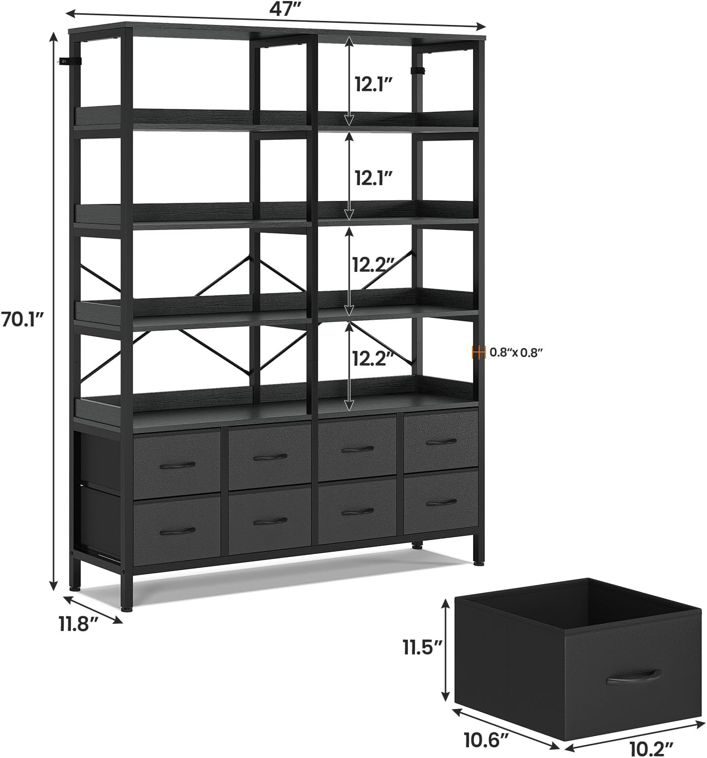 Bookshelf with 8 Fabric Drawers, 7-Tier Bookcase with Baffles Display Shelves, Industrial Large Book Shelf for Living Room Home Office, Black