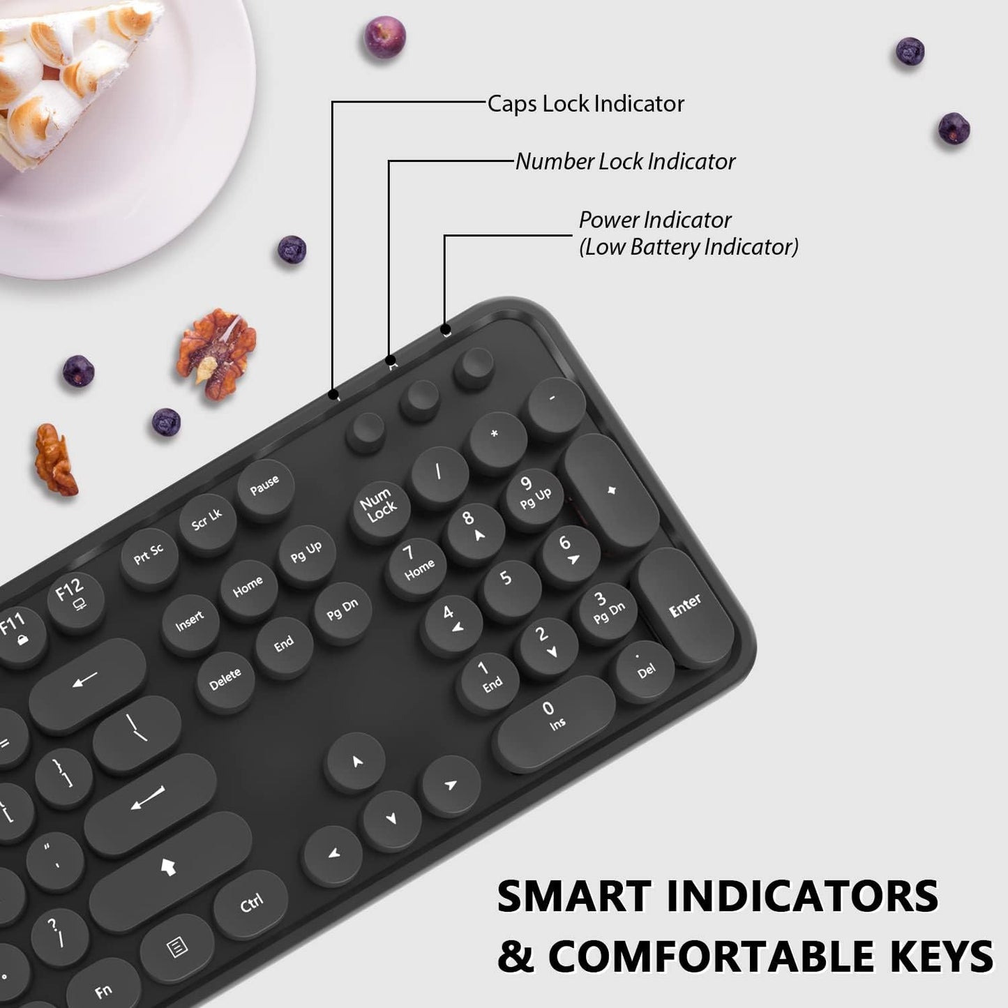 Wireless Keyboard and Mouse Combo, Cute Full Size 104-Key Typewriter Retro Round Keycaps Keyboard for PC Laptop,Windows,Desktop,Perfer for Home and Office Keyboards (Black)