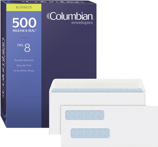 Columbian #8 Double-Window Self Seal Security Tint Envelopes, 500/Box, 24lb White Wove, 3-5/8 x 8-11/16 Inches (1016910)