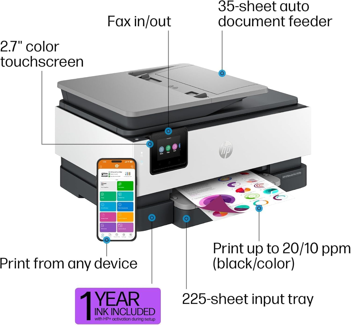 HP OfficeJet Pro 8139e Wireless All-in-One Color Inkjet Printer, Print, scan, Copy, fax, ADF, Duplex Printing Best-for-Home Office, 1 Year of Instant Ink Included (Renewed Premium)