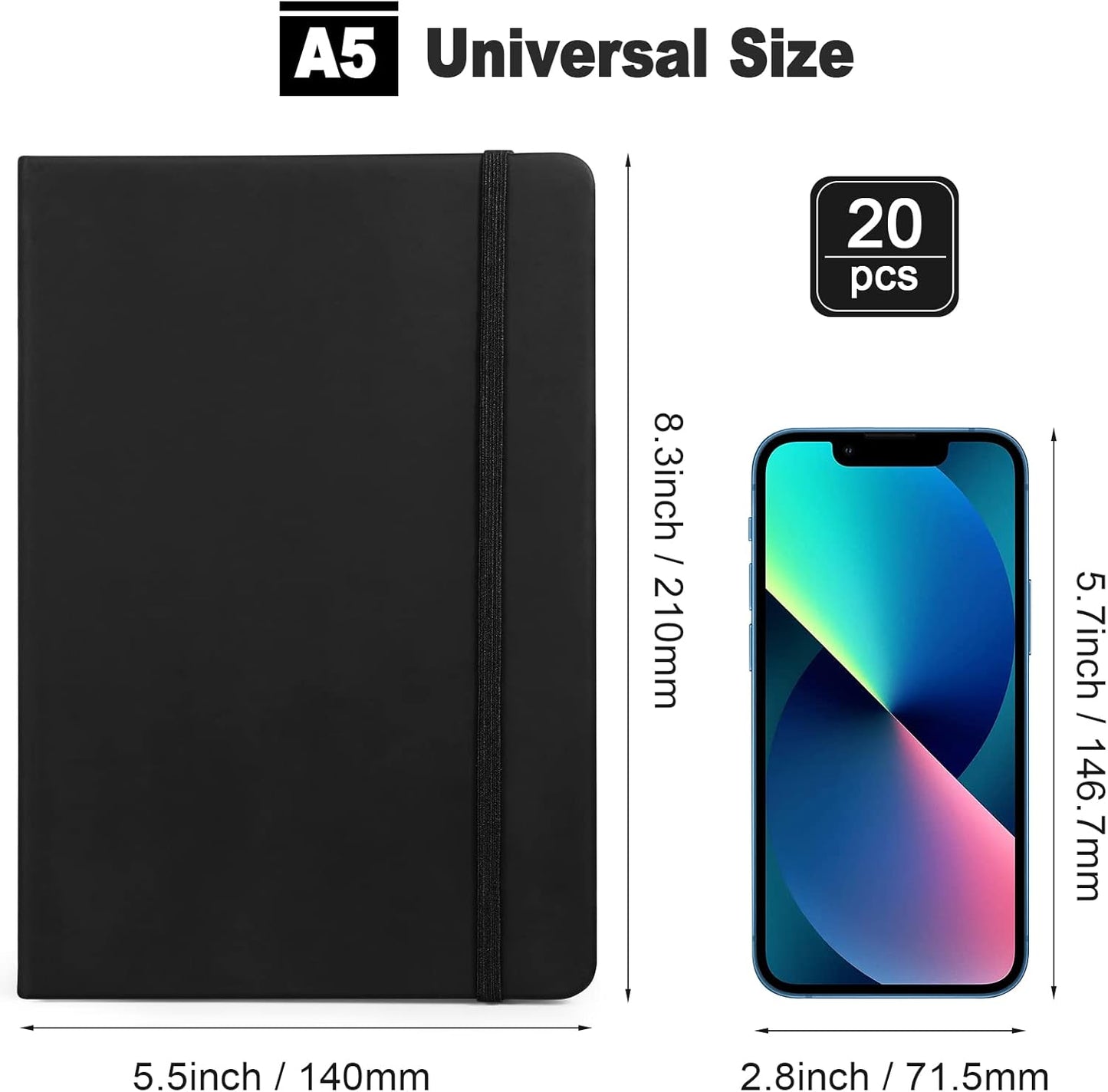 Honoson 20 Pack Lined Journal Notebooks A5 Hardcover Executive Notebook 5.5" x 8.3" PU Leather Wide Ruled Journals Bulk with Elastic Band for Home Business Office School Supplies(Black)