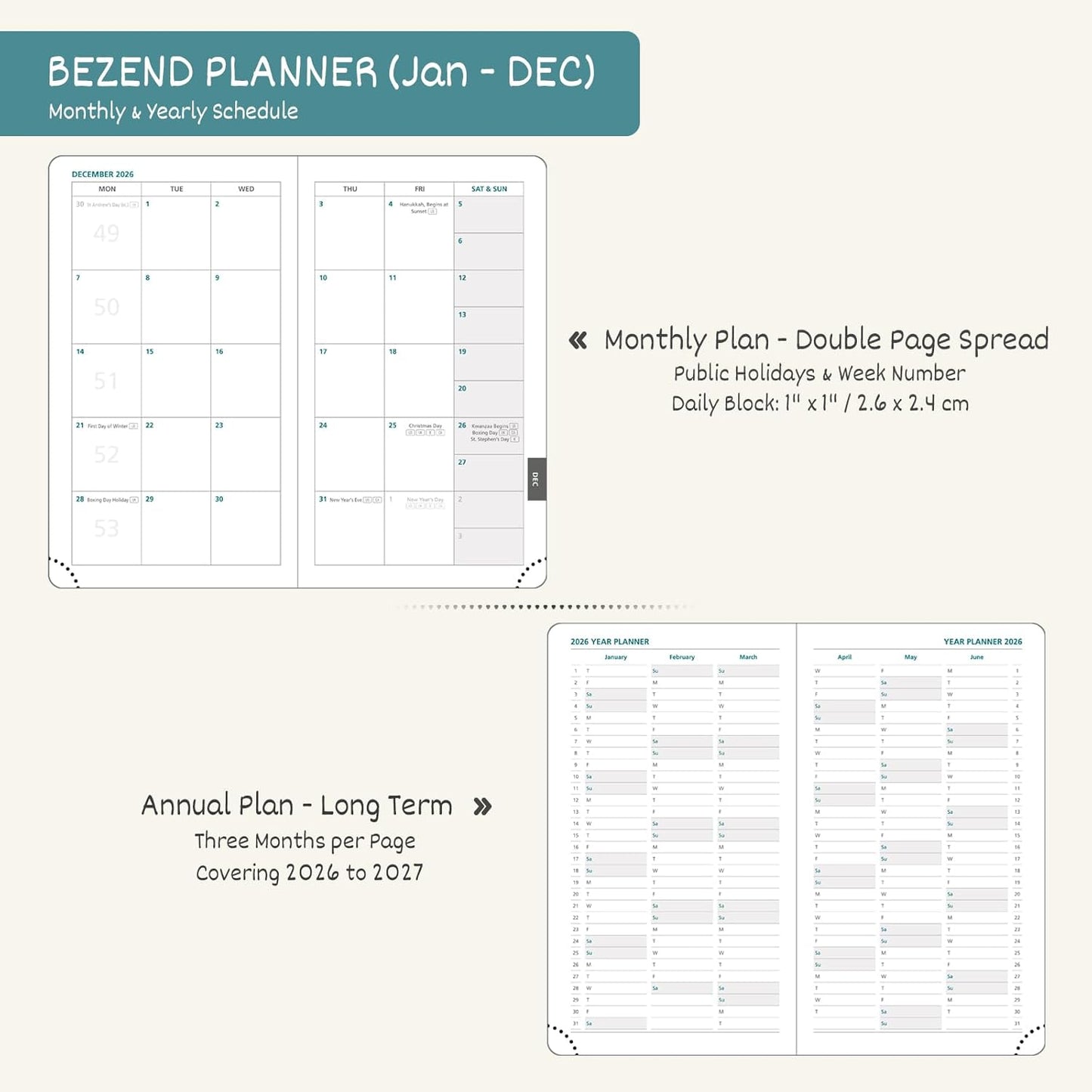 BEZEND Pocket Calendar 2026 Weekly and Monthly (3.5" x 6") Small Daily Planner for Purse (Jan-Dec) with Notes & Expenses, Inner Pocket, Pen Holder, Vegan Leather Hardcover - Sky Blue
