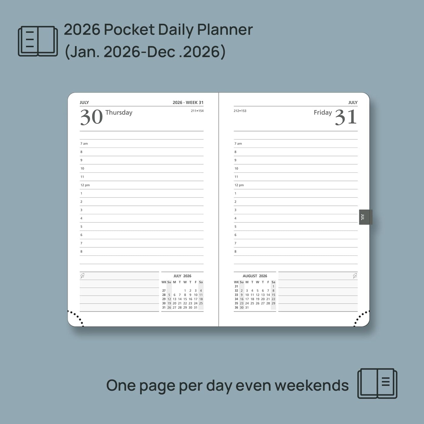 POPRUN 2026 Daily Planner One Page Per Day A6 Size Calendar (4.25" x 6.25") - 12 Months Hourly Appointment Book with Hardcover, Monthly Tabs, Pocket, Pen Holder - Midnight Green