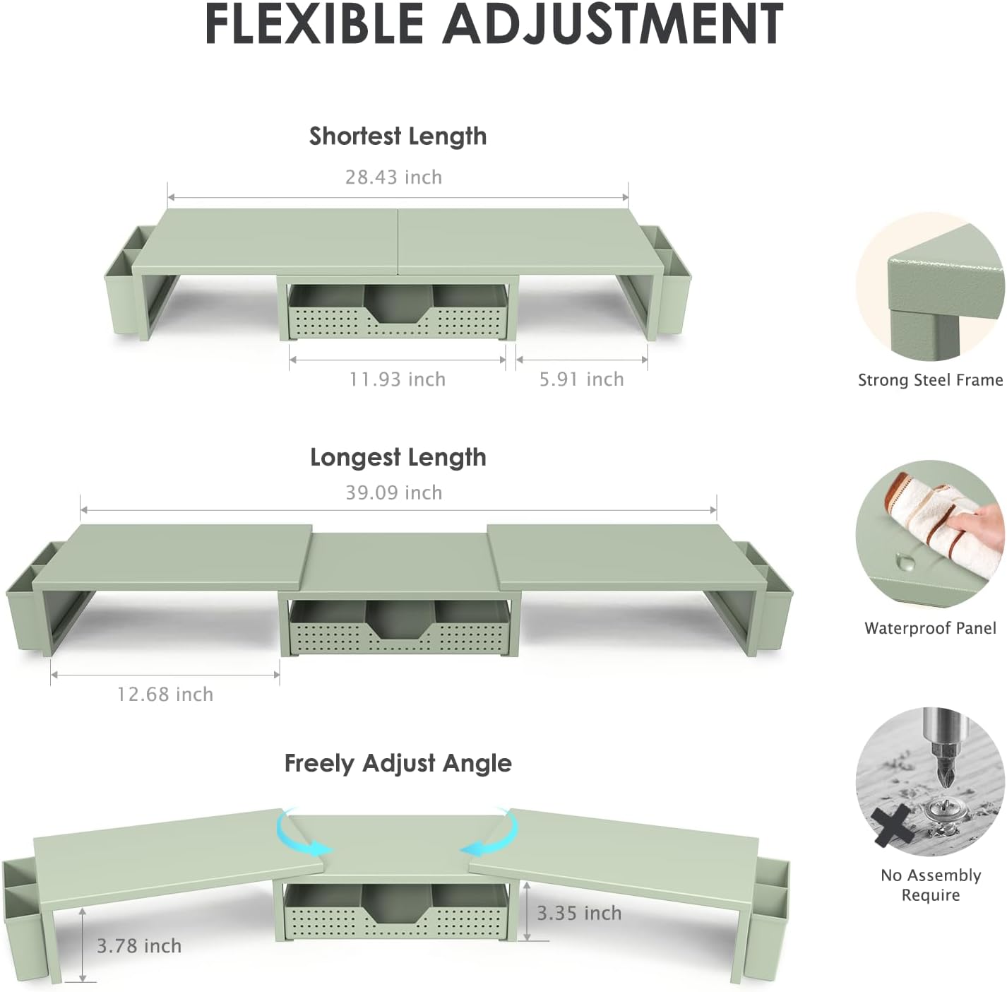 Desk Organizers and Accessories, Dual Monitor Stand Riser with Drawer and 2 Pen Holders, Desk Shelf Metal Computer Monitor Stand for Office Workspace Organizers, Desktop Organization (Green)