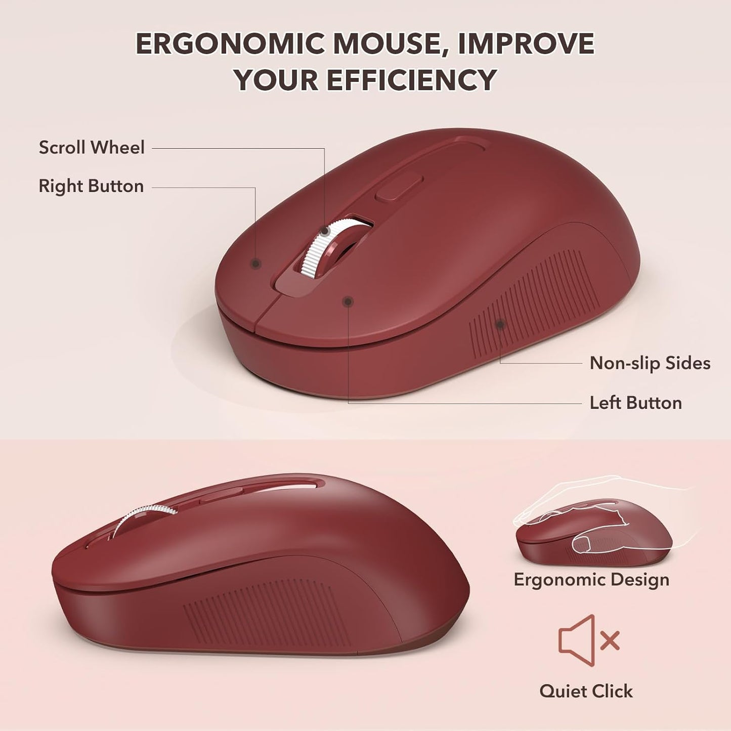 Wireless Keyboard and Mouse Combo - Retro Keyboard with Round Keycaps, Full-Size Typewriter Keyboard with Detachable Wrist Rest, 2.4GHz Connection for Mac/Windows/PC (Wine Red)