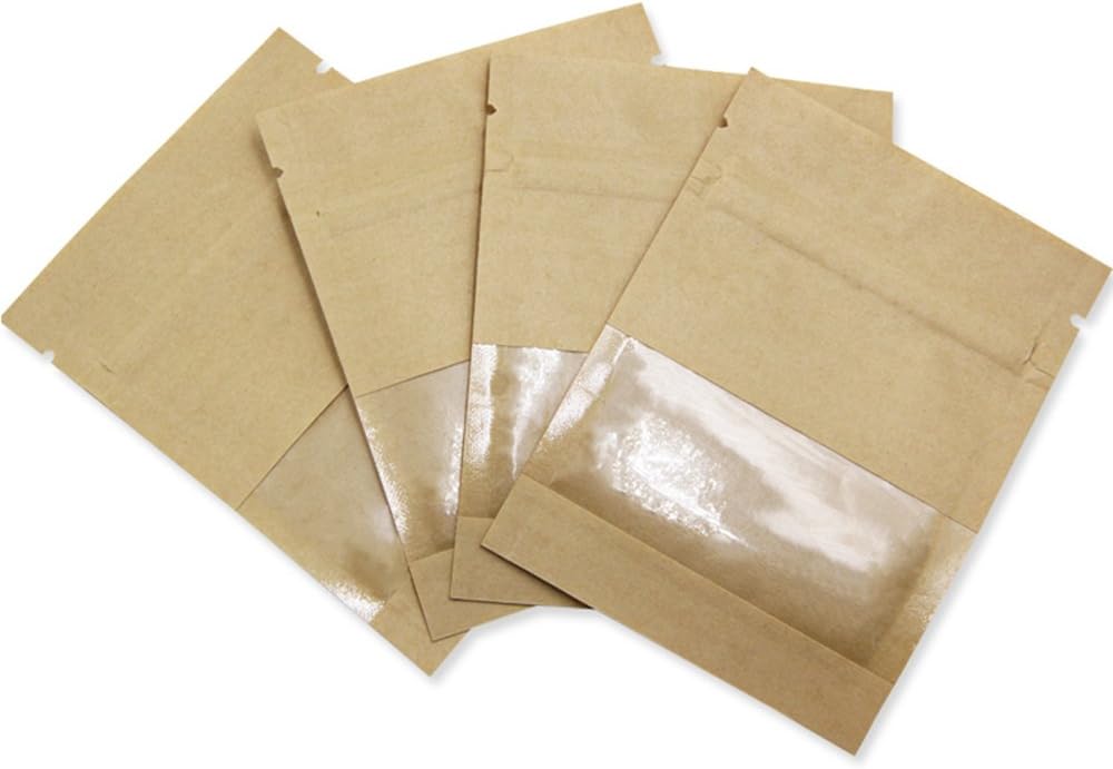 FERENLI 100 Pack 3.5x5.1 inch Small Resealable Seed Coin Envelopes Bags with Clear Window Brown Kraft Paper Heat Seal Packets for Flower Vegetable Seeds Storage Party Favor Pet Food Sample Bag