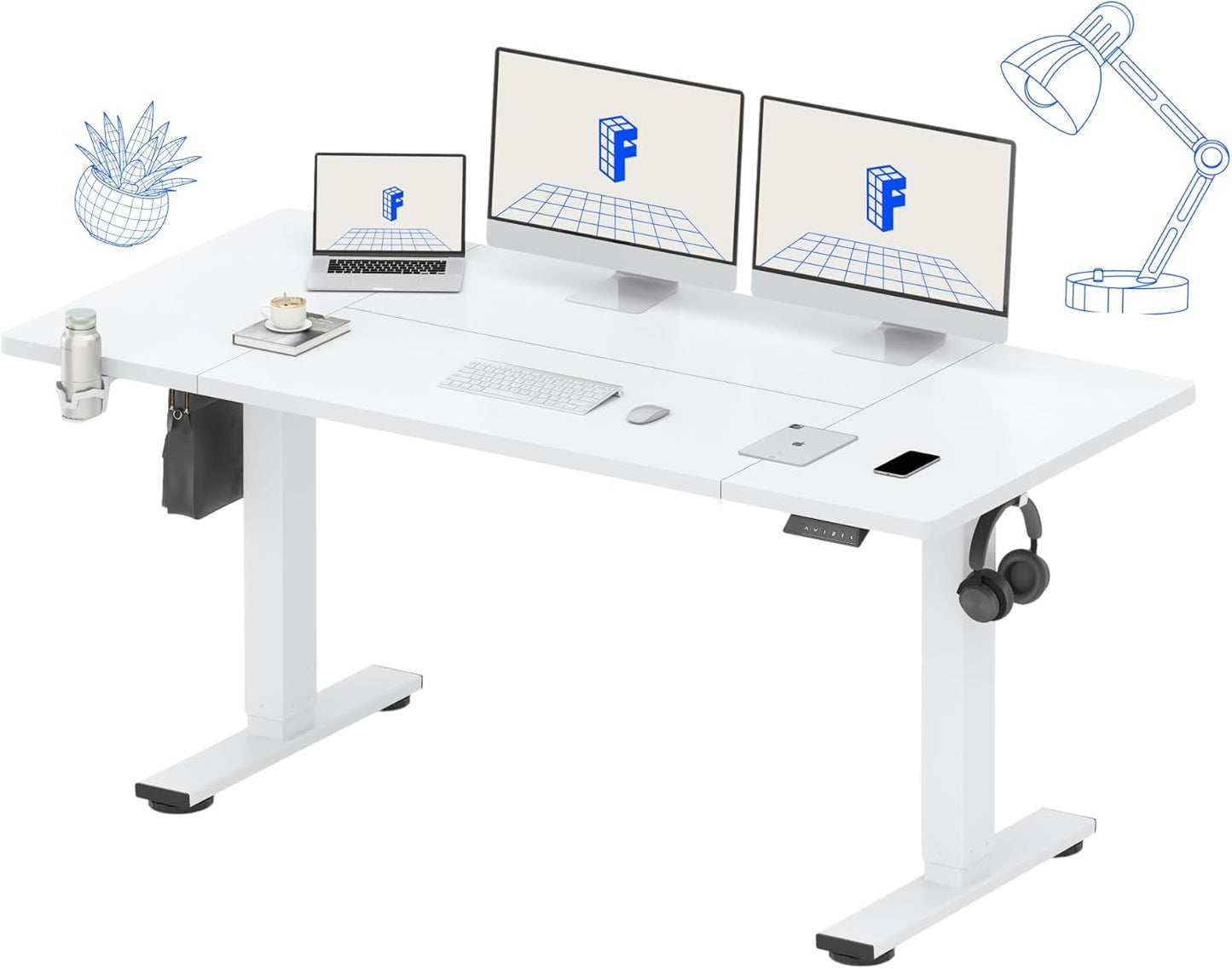 FLEXISPOT 63 x 32 Inch Large Standing Desk, Stand Up Desk with Splice Board, Rising Desks for Home Office, Office Desk with Cup Holder and Headphone Hook (White Frame + White Top, 2 Packages)