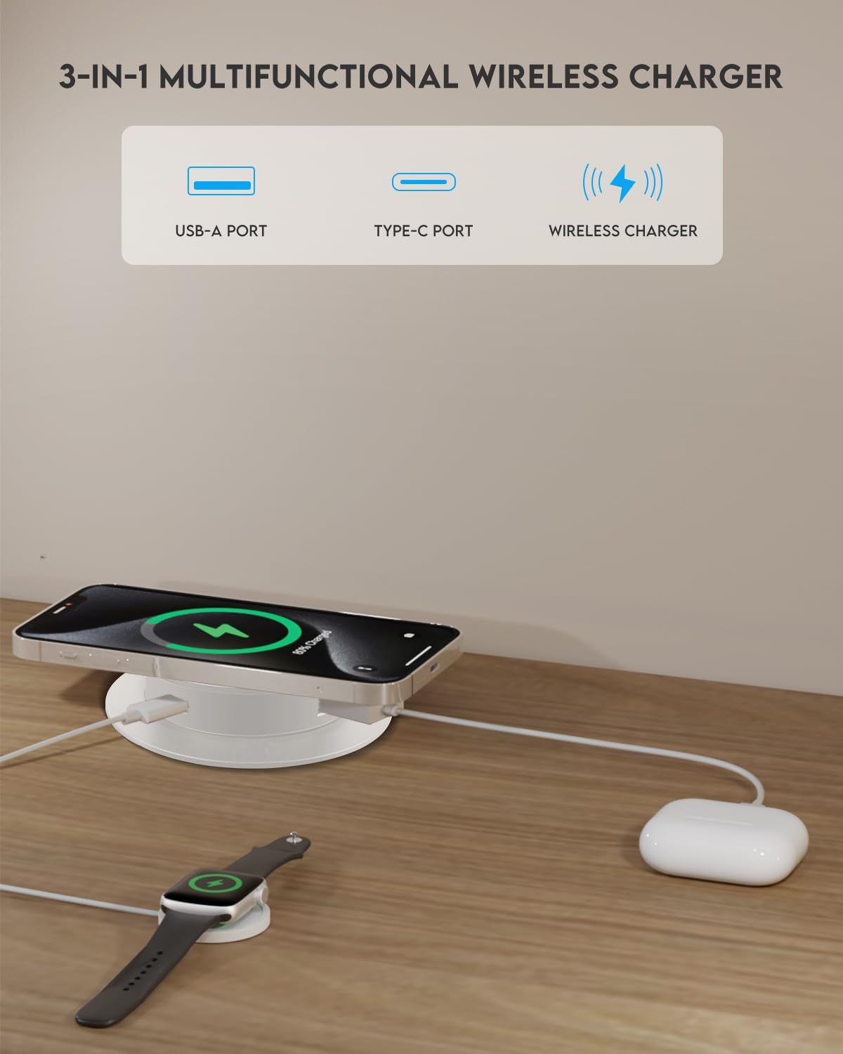 Desktop Charger, Pop up 15W Fast Retractable Desktop Charger, Invisible Charging Station with USB A and Type C Ports, Recessed Desktop Charging for Desk, Furniture - White (White)