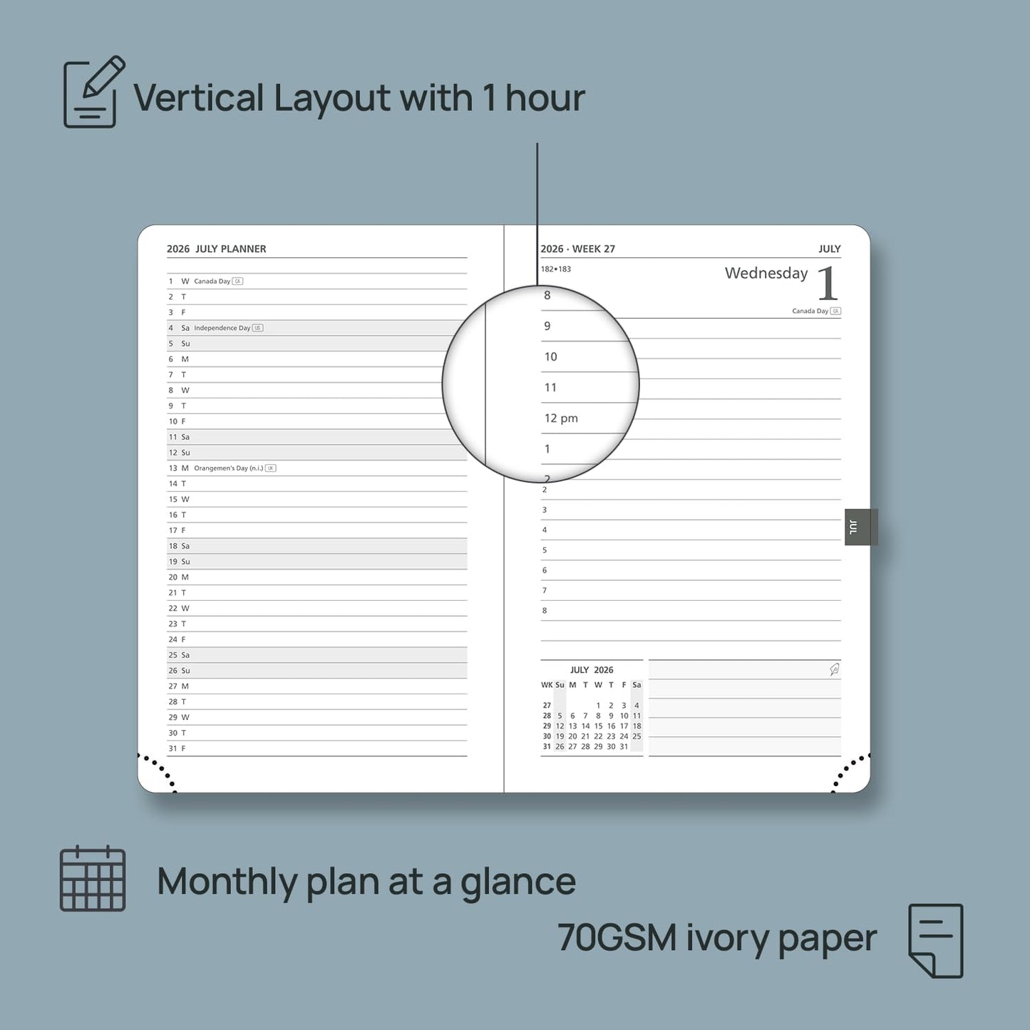 POPRUN 2026 Daily Planner One Page Per Day A6 Size Calendar (4.25" x 6.25") - 12 Months Hourly Appointment Book with Hardcover, Monthly Tabs, Pocket, Pen Holder - Navy Blue