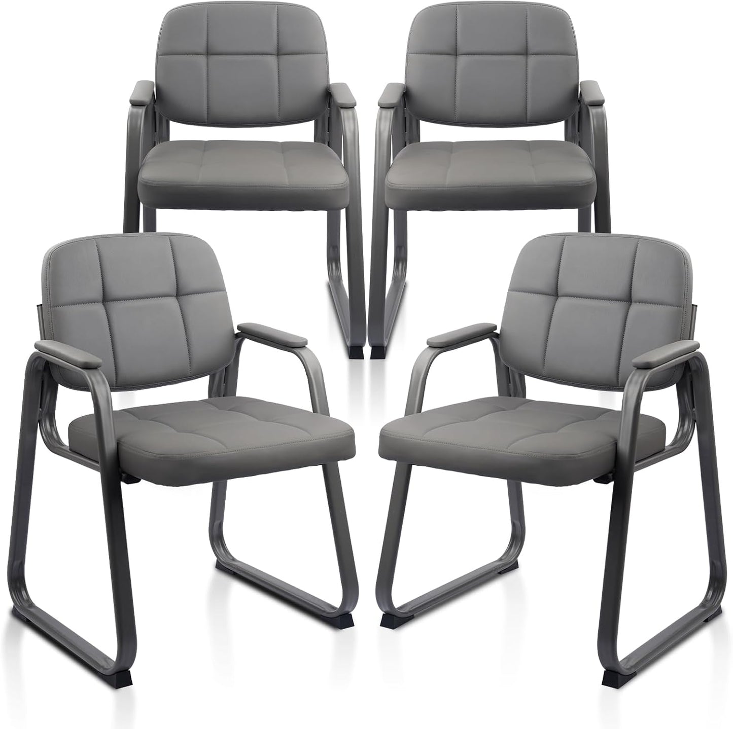 CLATINA Waiting Room Guest Chair with Bonded Leather Padded Arm Rest for Office Reception and Conference Desk Black with Sled Base Grey 4 Pack