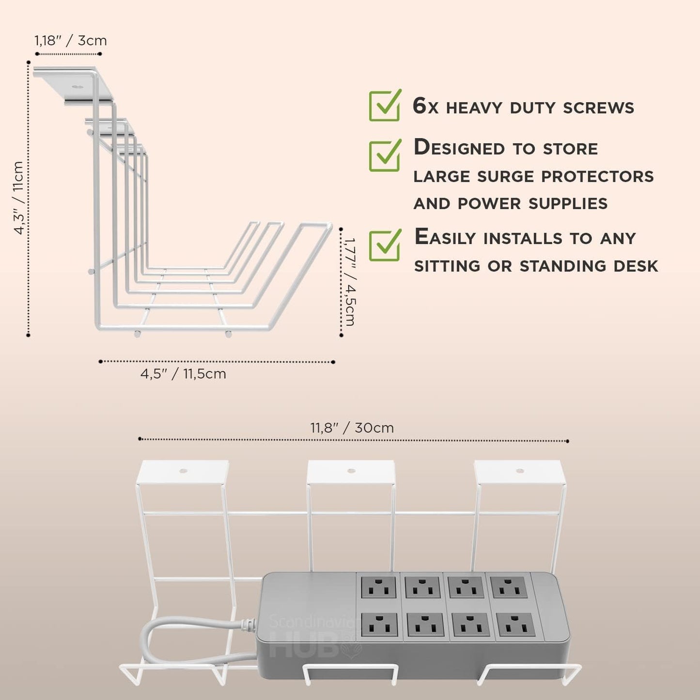 Compact Under Desk Cable Tray Organizer – Wire Management Set, White (2-Pack, 12")