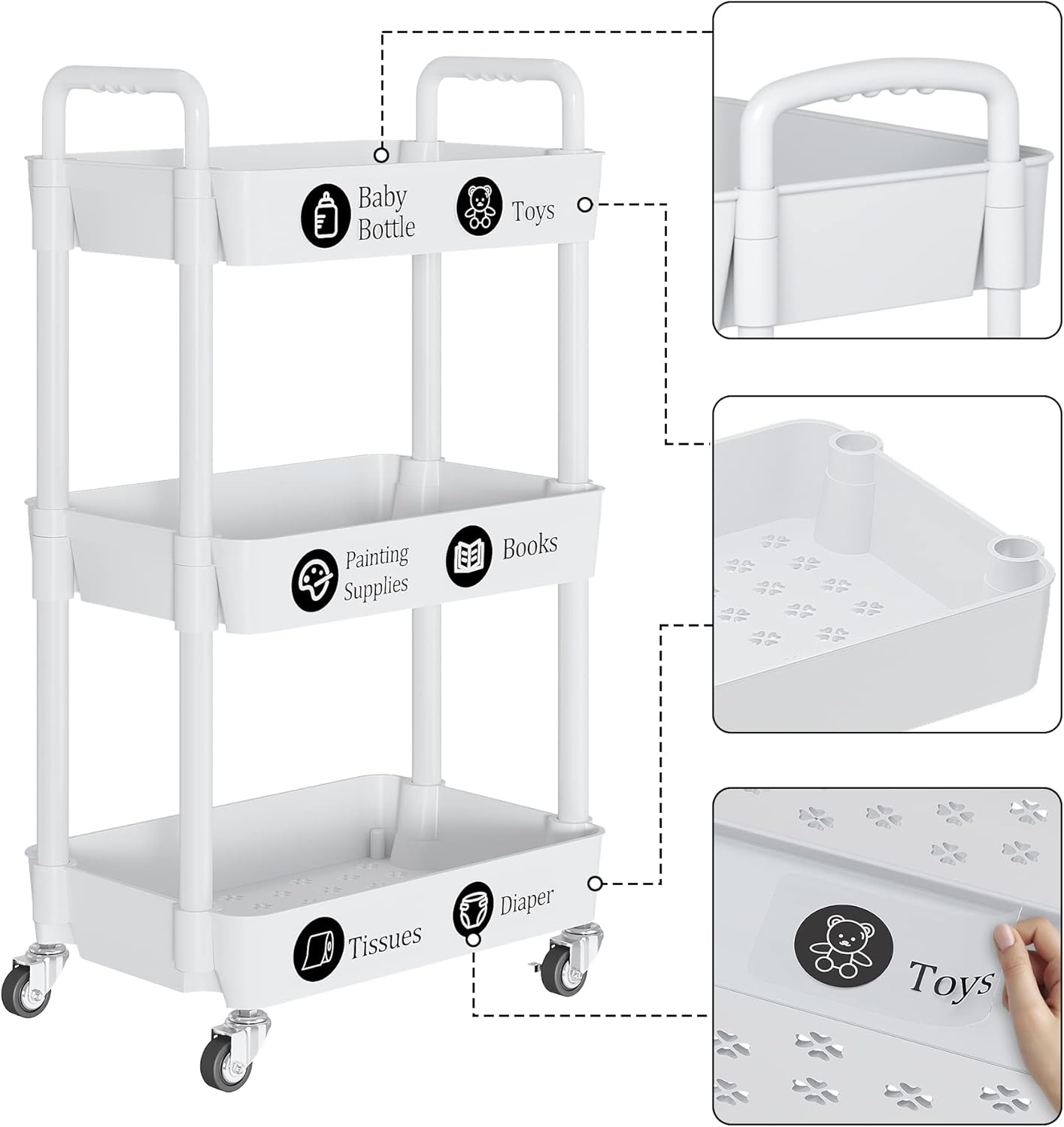 UDEAR 3-Tier Rolling Utility Cart with 12 Category Labels,Multifunctional Storage Shelves with Handle and Lockable Wheels for Room,Office,Kitchen,Bathroom,White