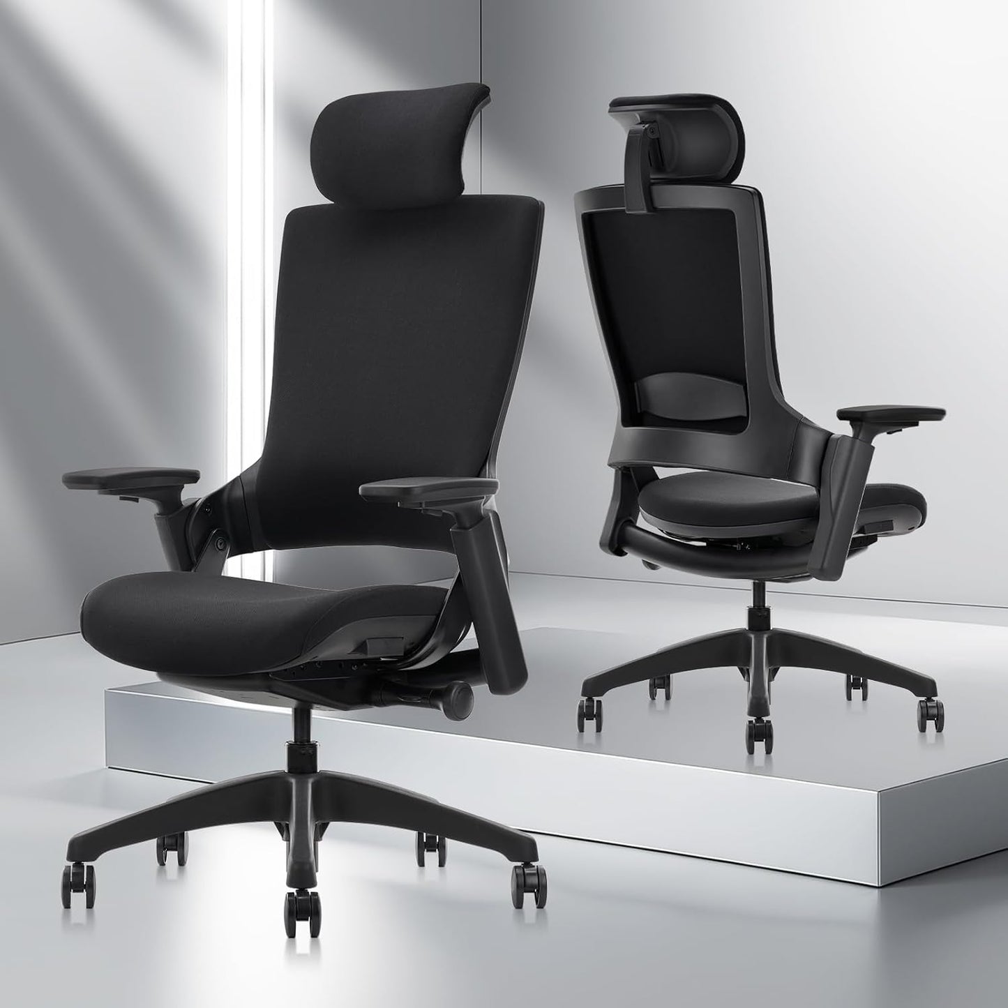 CLATINA Ergonomic High Swivel Executive Chair with Adjustable Height Head 3D Arm Rest Lumbar Support and Upholstered Back for Home Office Studio, Black Fabric, 2 Pack