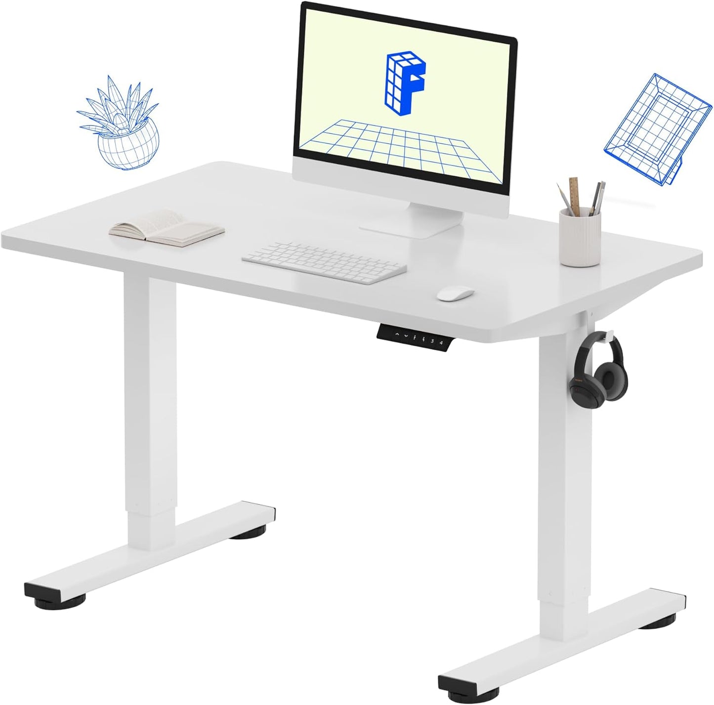 FLEXISPOT EN1 One-Piece Adjustable Height Desk 40 x 24 Inches Whole Piece Desktop Small Standing Desk for Small Space Electric Sit Stand Home Office Table (White Frame + White Desktop)