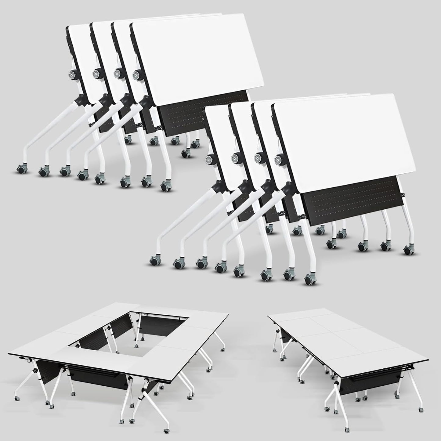 Conference Table, Folding Conference Room Tables, Mobile Training Tables with Silent Wheels, Large Rectangular Modular Seminar Table Office Computer Desks for Classroom White (8Pack L47.2in)