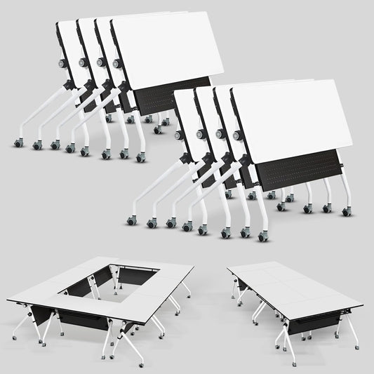 Conference Table, Folding Conference Room Tables, Mobile Training Tables with Silent Wheels, Large Rectangular Modular Seminar Table Office Computer Desks for Classroom White (8Pack L70.9in)