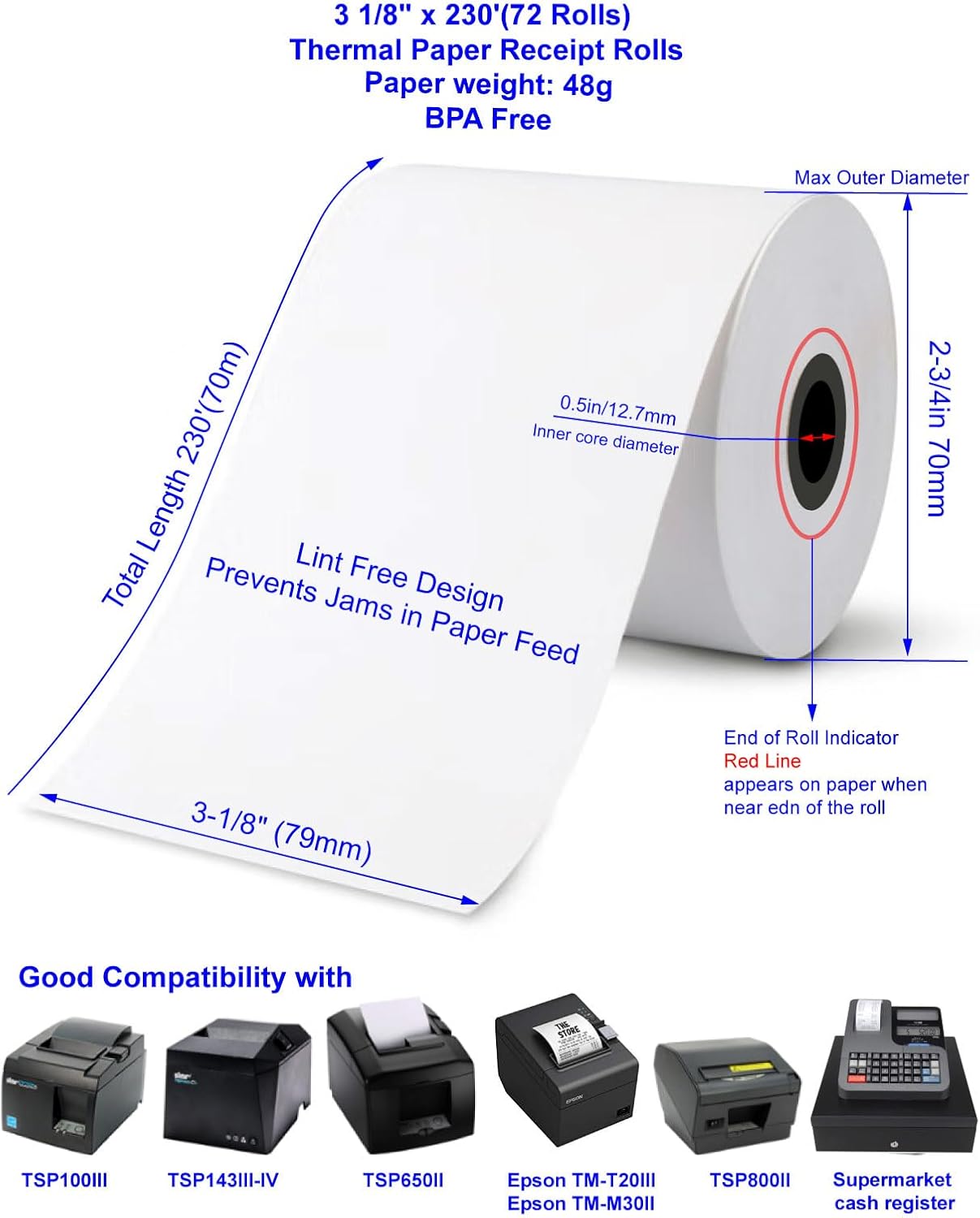 (72 Rolls) 3 1/8 x 230 Thermal Paper Receipt Rolls Fits All POS Cash Registers Compatible with Star TSP100III TSP143IV TSP650II TSP800II MC-Print3 3000LABELS DIRECT