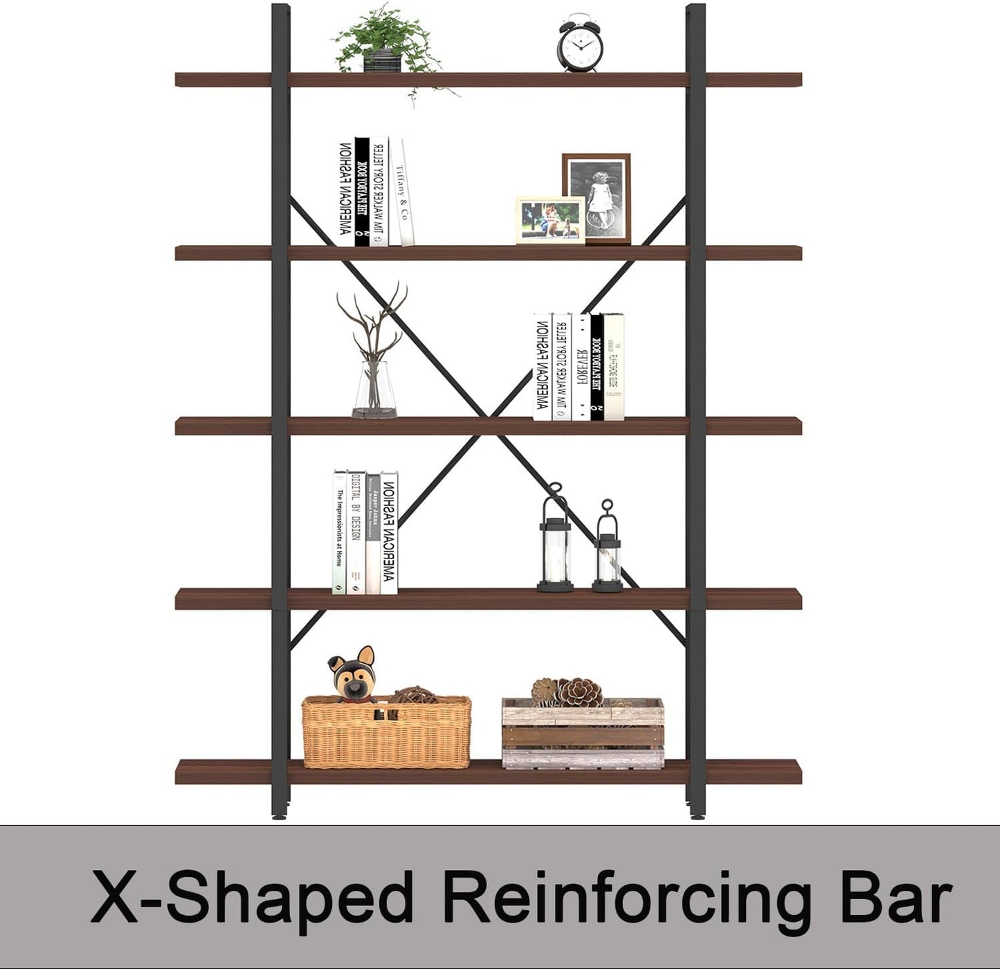 HSH Walnut 5 Tier Bookshelf, Tall Bookcases and Book Shelves 5 Shelf, Large Industrial Metal Wood Display Book Shelf Storage Rack, Rustic Open Bookcase Bookshelves for Bedroom Living Room Office