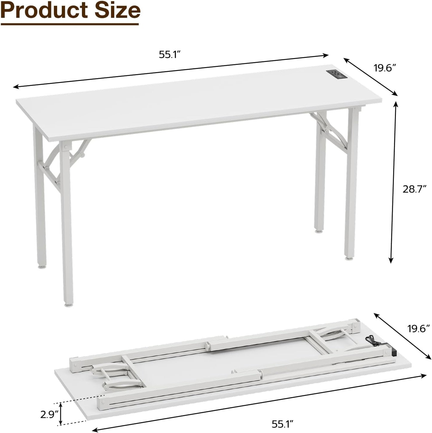 TEMI Long Computer Desk Folding Table - No Assembly, Compact 55.1" Foldable Desk with Power Outlets & USB Charging Port, Portable Lagre Office Desk, Ideal Large Study Table for Narrow Spaces