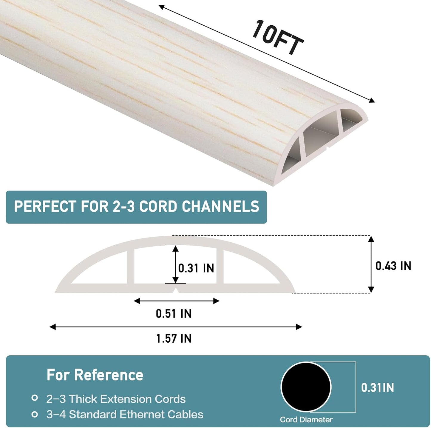 Floor Cord Cover Self Adhesive Cord Hider Floor Extension Cord Covers for Floor Power Cord Protector Cable Management Prevent Cable Trips Cable Cavity 0.51" W x 0.31" H (Beige Wood, 10Ft)