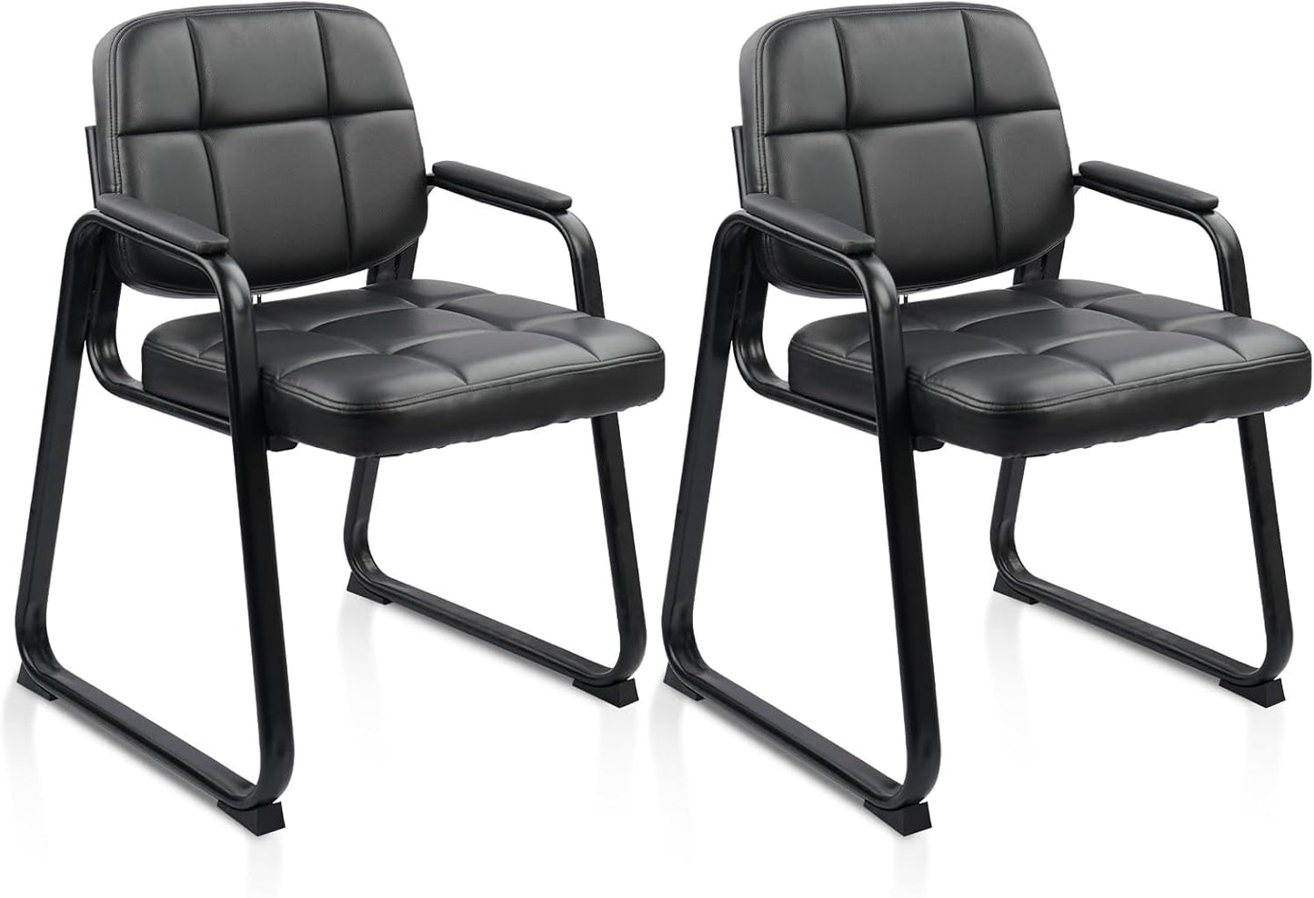 CLATINA Waiting Room Guest Chair with Bonded Leather Padded Arm Rest for Office Reception and Conference Desk Black with Sled Base 2 Pack