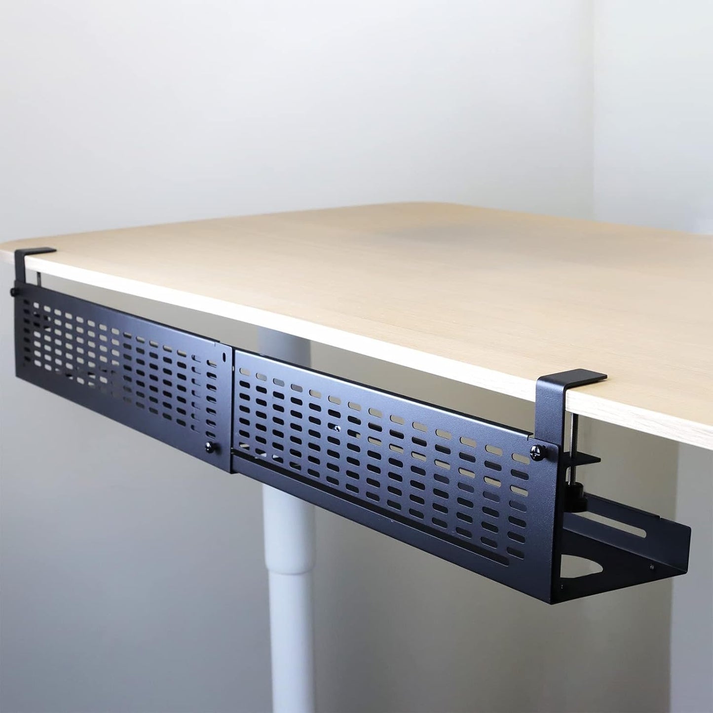 AEONS Under Desk Cable Management Tray Kit - Horizontal Adjustable up to 41” Removable C Clamp Mount Reversible Computer Cord Raceway and Modesty Panel for Large Desk, Black