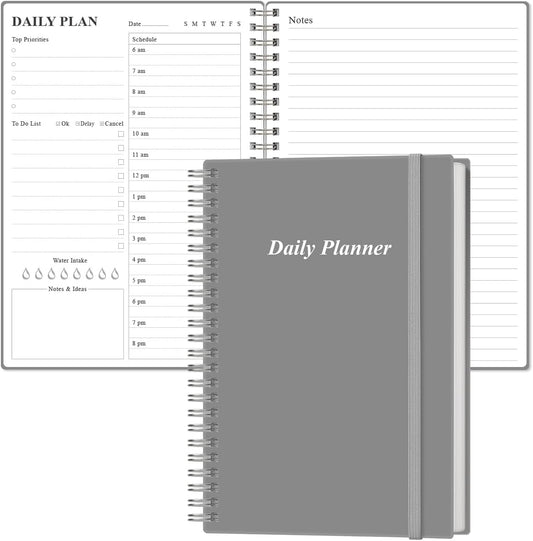 Daily Planner Undated - A5 To Do List Notebook Hourly Schedules, Spiral Appointment Planner for Women and Men, PVC Hardcover, Inner Pocket, Elastic Closure, 5.8" x 8.3", Grey