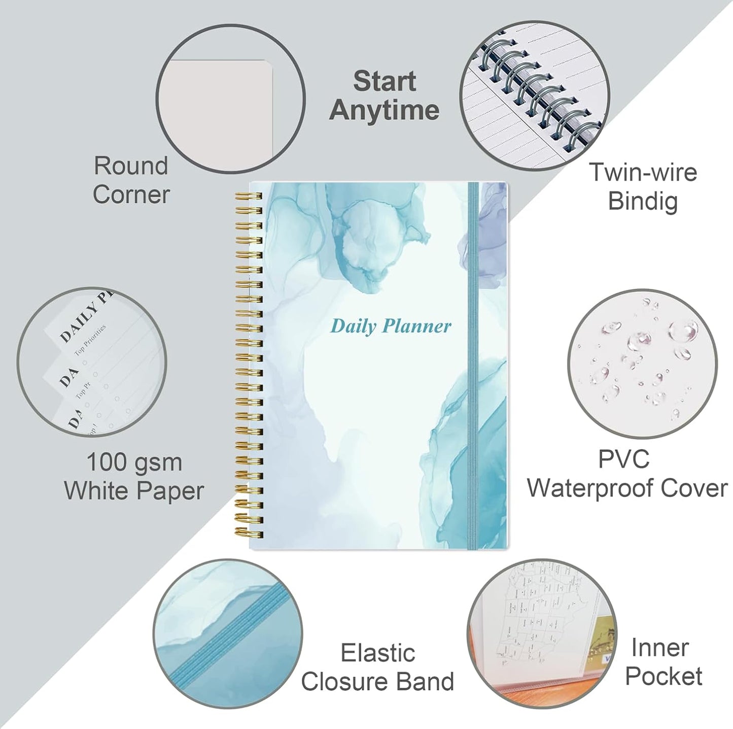 Daily Planner Undated - A5 To Do List Notebook Hourly Schedules, Spiral Appointment Planner for Women and Men, PVC Hardcover, Inner Pocket, Elastic Closure, 5.8" x 8.3", Blue Watercolor