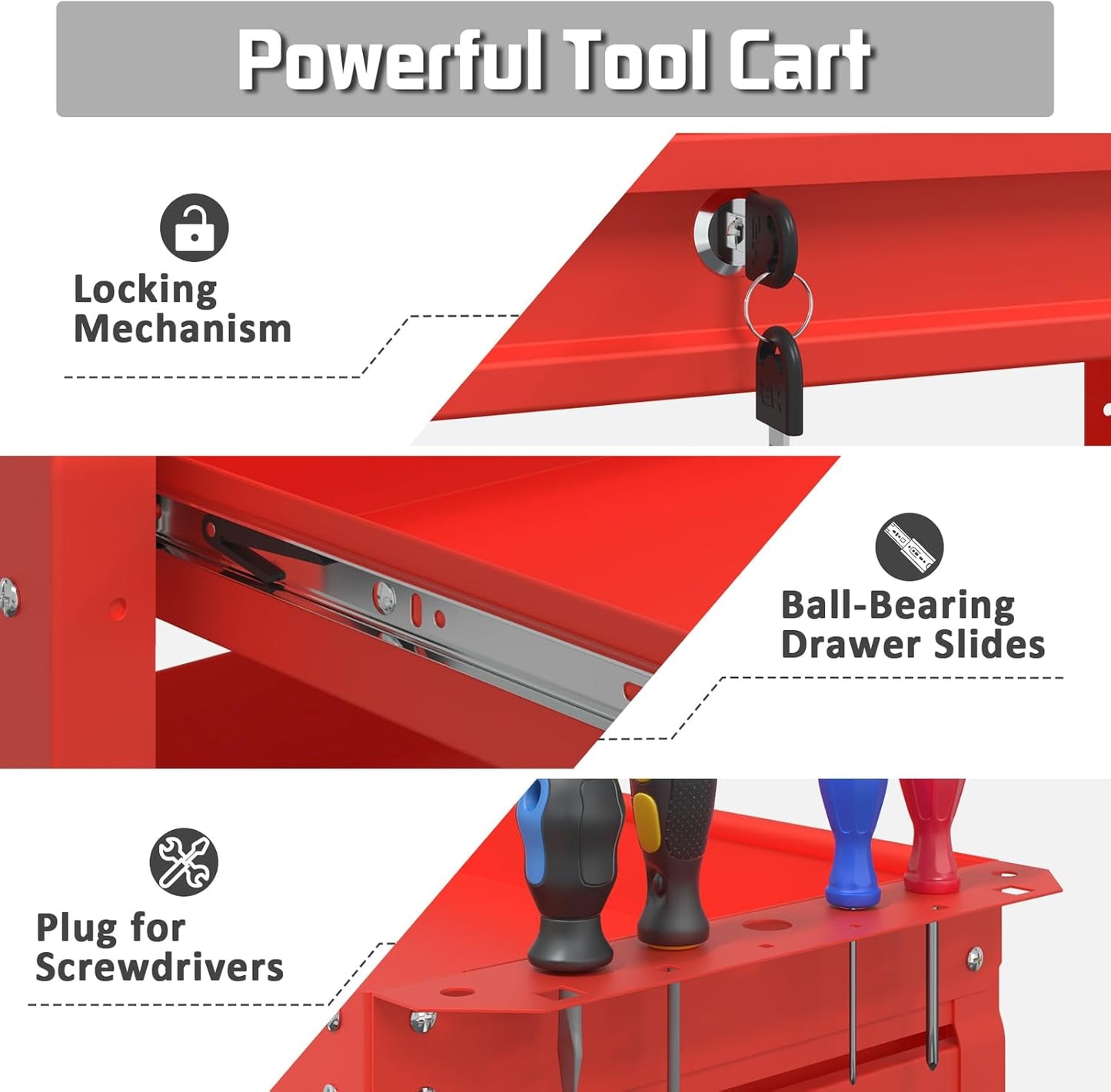 3 Tray Tool Cart with Drawers, 400 LBS Capacity Rolling Tool CartS on Wheels, Heavy Duty Utility Cart with Pegboard, Mechanic Tool Storage Cart for Garage, Warehouse and Repair Shop, Red