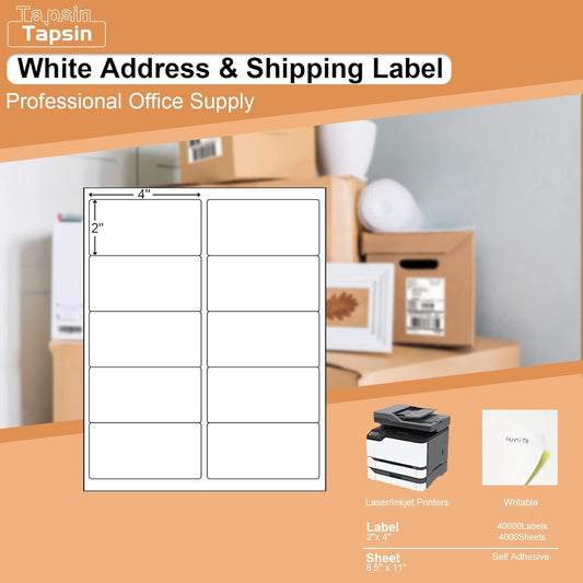 10up Shipping Address Labels, 2 X 4 Labels, Compatible Laser/Inkjet Printer, 5163/18163 Templates Available (4000 Sheets -40000 Labels)