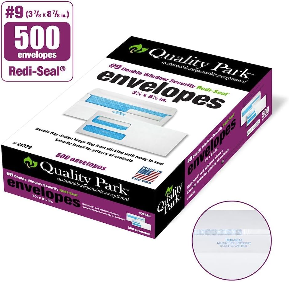 Quality Park® Redi-Seal™ Double-Window Security Envelopes, #9, 3 7/8" x 8 7/8", White, Box Of 500