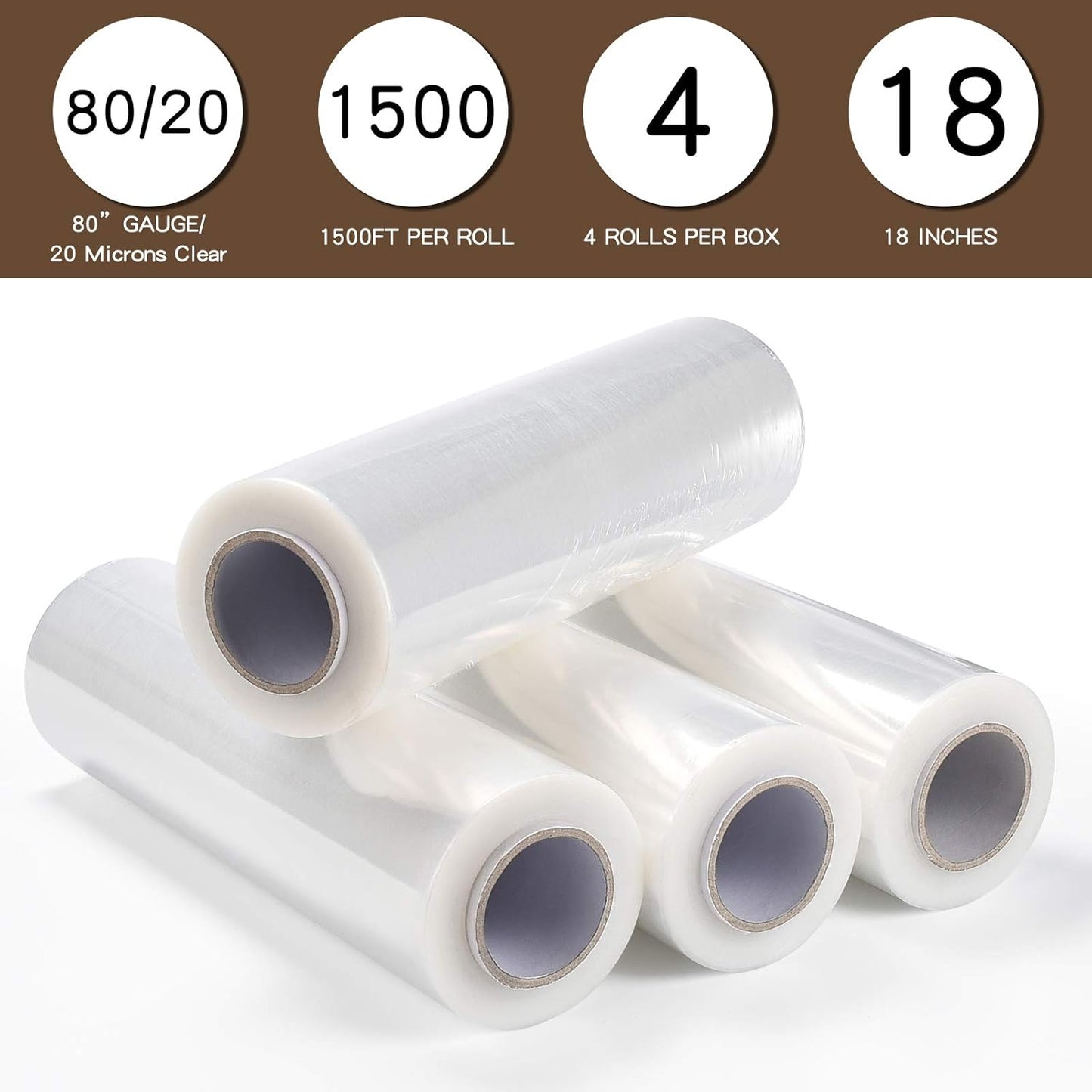 18" x 1500ft x 80 Gauge Thick (20 Micron) Clear Cast Pallet Stretch Wrap Film [Pack of 4 Rolls, 1500' Per Roll, Total 6000']