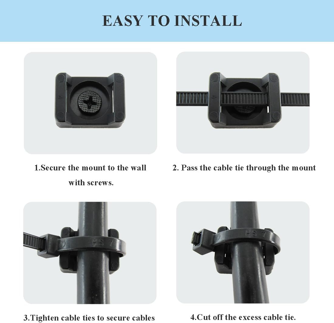 HS Saddle Type Cable Zip Tie Mounts Base Kit with Screw Hole,Set Strong 6 Inch Nylon Cable Ties and Screws Each 100 PCS,Wire Clips Anchor Management Fastener for Baseborad,Wall or Desk,Black