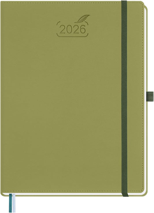 BEZEND 2026 Planner Weekly and Monthly (8.5" x 11") Daily Calendar with Half-Hourly Timeslots & Tab (Jan-Dec) Note & Expenses, Pen Holder, Inner Pocket, Vegan Leather Hardcover - Kiwi