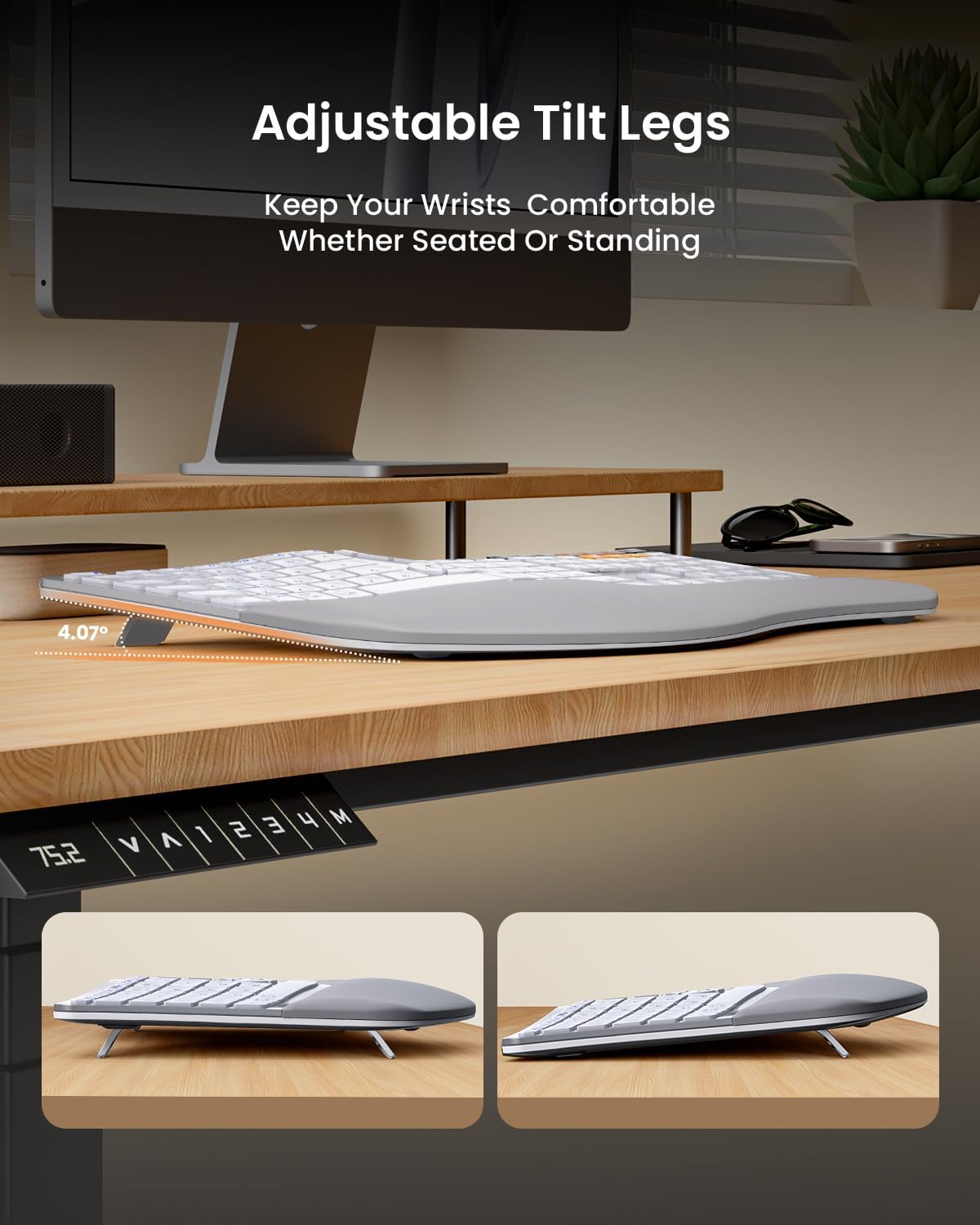 ProtoArc Ergonomic Wireless Keyboard Mouse, EKM01 Plus Full Size Ergo Bluetooth Keyboard Mouse Combo, Split Design, Wrist Rest, Multi-Device, Rechargeable, for Windows/Mac OS - White and Silver