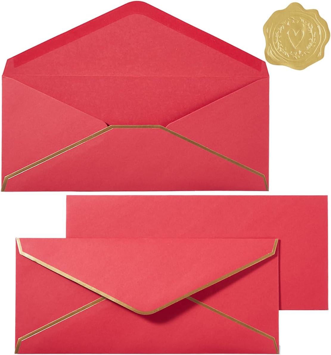 30 Pack Thick #10 Business Envelopes with Gold Border, 4 1/8 x 9 1/2 Thick Paper Standard Envelopes with Stickers for Office, Checks, Letter Mailing, Invoices (Red)